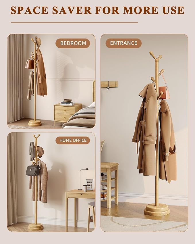 Freestanding Coat Rack, Solid Wood Coat Tree with 8 Smooth Rounded Hooks, Adjustable Height Heavy Duty Coat Rack with Dual-Layer Base, Holds Coats Hats Bags for Entryway, Bedroom, Living Room