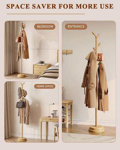 Freestanding Coat Rack, Solid Wood Coat Tree with 8 Smooth Rounded Hooks, Adjustable Height Heavy Duty Coat Rack with Dual-Layer Base, Holds Coats Hats Bags for Entryway, Bedroom, Living Room