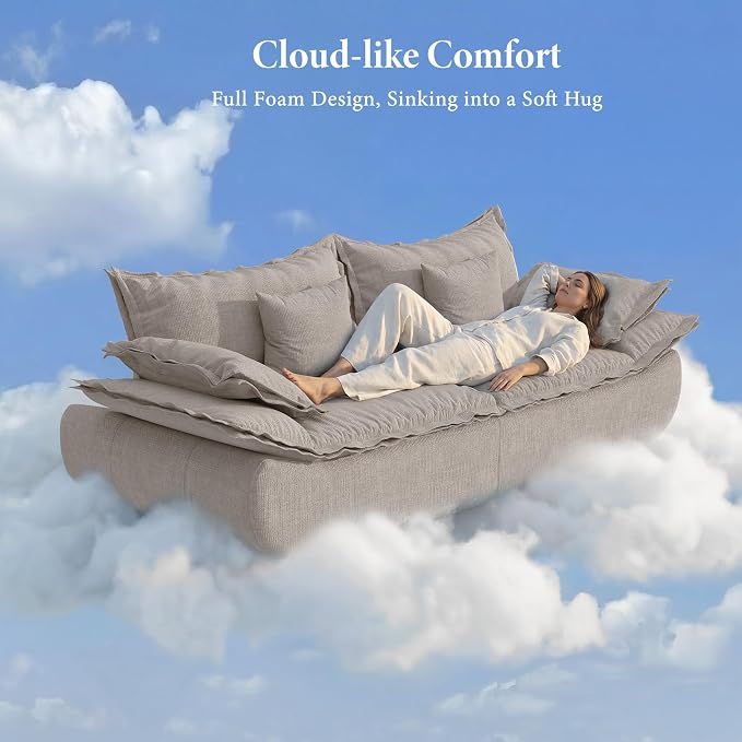 Vesgantti 86.6" Cloud Couches for Living Room, Cozy Chenille Boneless Couch with Curved Armrest, Modern Stylish Sailboat Sofa with Deep Seat, No Assembly Required, Light Grey