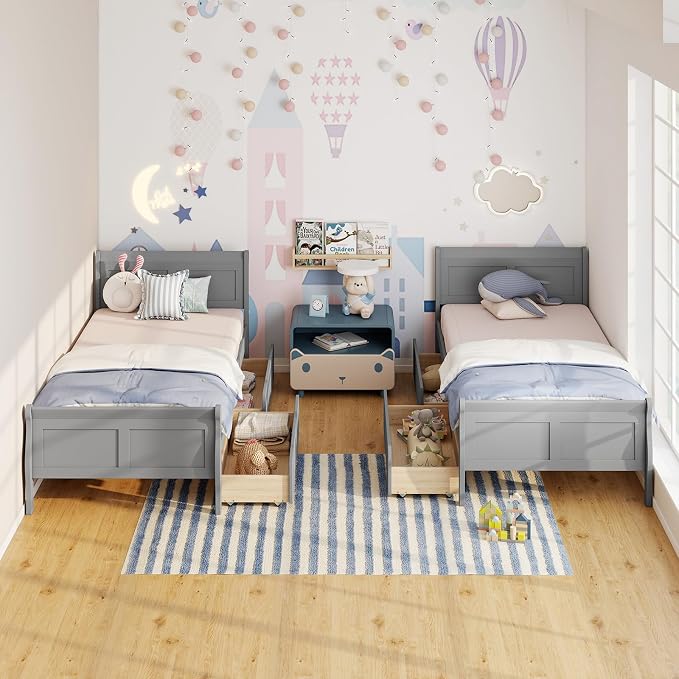 Giantex Twin Bed with 2 Storage Drawers, Wood Platform Bed with Headboard & Footboard, Wooden Slats Support Mattress Foundation, Twin Bed Frames for Kids Teens Adults, No Box Spring Needed (Grey)