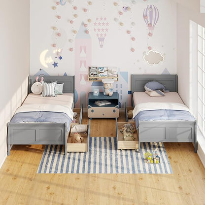 Giantex Twin Bed with 2 Storage Drawers, Wood Platform Bed with Headboard & Footboard, Wooden Slats Support Mattress Foundation, Twin Bed Frames for Kids Teens Adults, No Box Spring Needed (Grey)