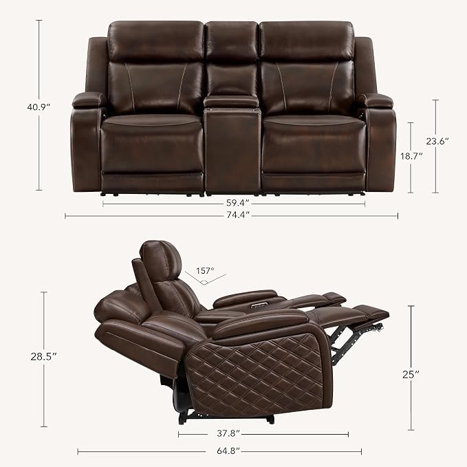 Watson & Whitely Genuine Leather Power Loveseat Recliner Sofa, Zero Gravity Reclining Sofa with Console, Power Headrest & Wireless Charging, Cup Holder, 2-Seater Recliner for Living Room, Dark Brown