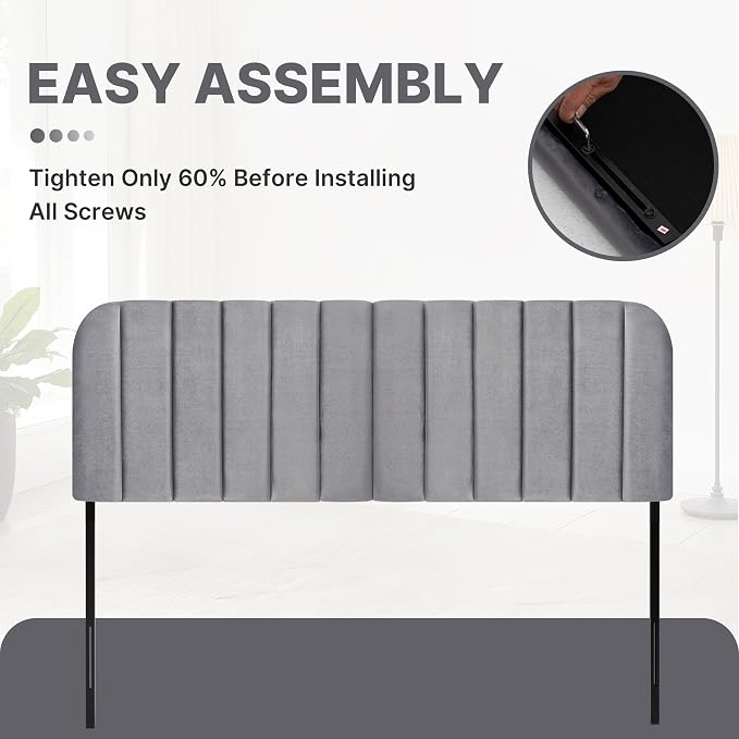 King Headboard Only - Upholstered Headboard for Bed, Easy Assembly, Velvet Covered Sponge, Place Between Bed & Wall, Adjustable Metal Legs with Non-Slip Pads, Grey