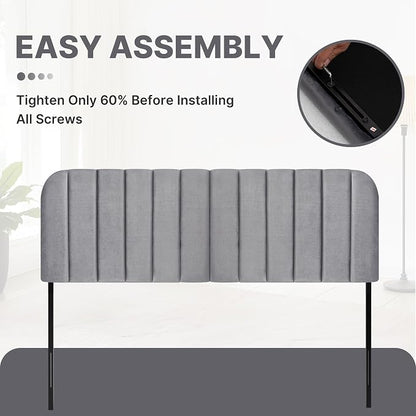 King Headboard Only - Upholstered Headboard for Bed, Easy Assembly, Velvet Covered Sponge, Place Between Bed & Wall, Adjustable Metal Legs with Non-Slip Pads, Grey