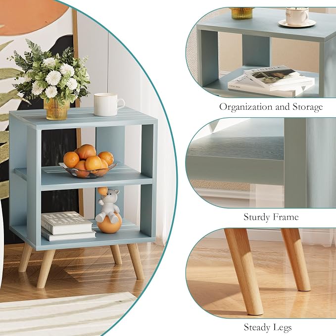 Huhote Kids Nightstand, 2-Tier Night Stand with Open Storage, Modern Side Table for Bedroom, Study Room, Small Spaces, Blue