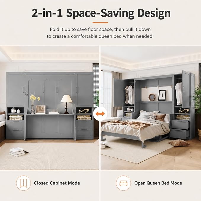 Queen Murphy Bed with Desk, Wall Bed Cabinet with Storage Shelves, Enclosed Cabinets and Hidden Foldout Workstation, Folding Cabinet Bed, Space Saving Bed for Guest Room, Home Office (Gray)