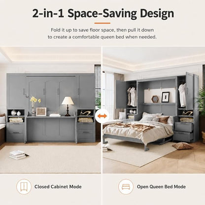 Queen Murphy Bed with Desk, Wall Bed Cabinet with Storage Shelves, Enclosed Cabinets and Hidden Foldout Workstation, Folding Cabinet Bed, Space Saving Bed for Guest Room, Home Office (Gray)