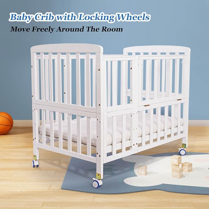 Flwrgirl Convertible Mini Baby Crib - Portable Bedside Bassinet with Mattress Included,5 Heights Baby Crib with Wheels for Newborns,Infant 0-18 Months,White