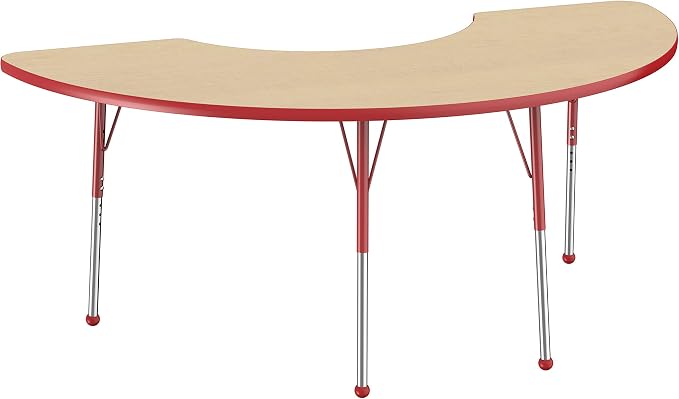 FDP Half Moon Activity School and Office Table (36 x 72 inch), Standard Legs with Ball Glides for Collaborative Seating Environments, Adjustable Height 19-30 inches - Maple Top and Red Edge
