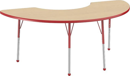 FDP Half Moon Activity School and Office Table (36 x 72 inch), Standard Legs with Ball Glides for Collaborative Seating Environments, Adjustable Height 19-30 inches - Maple Top and Red Edge