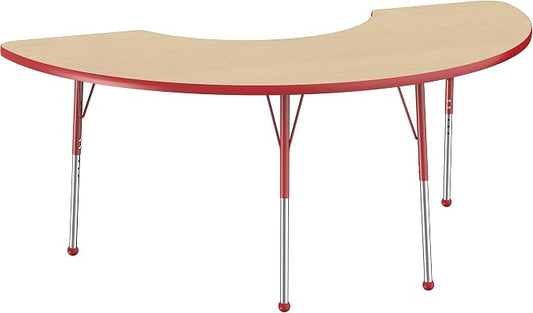 FDP Half Moon Activity School and Office Table (36 x 72 inch), Standard Legs with Ball Glides for Collaborative Seating Environments, Adjustable Height 19-30 inches - Maple Top and Red Edge