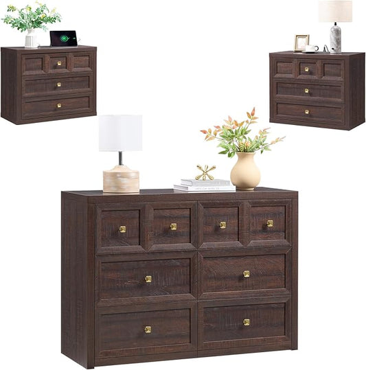 3 Piece Bedroom Set - Includes 6 Drawer Dresser and 3 Drawer King Size Nightstands Set of 2 with Charging Station, 3 Piece Farmhouse Dresser and Nightstand Sets,Brown