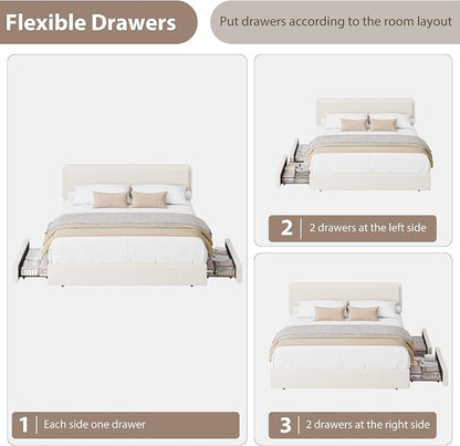 GarveeHome Bed Frame with 2 Storage Drawer, Teddy Fleece Thick Upholstered Platform Bed Frame with Adjustable Headboard, No Box Spring Needed, Cream Beige, King