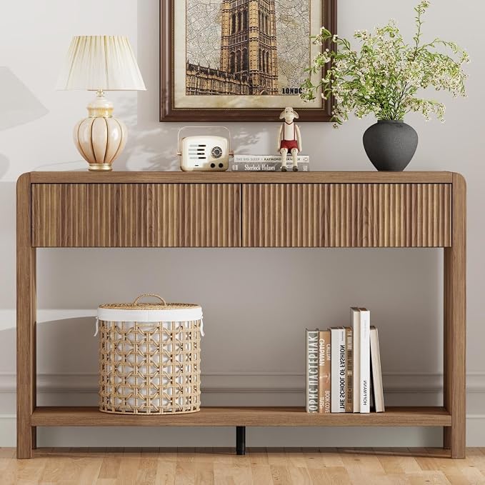 FATORRI Console Sofa Table for Entryway, 47.2 inch Wood Foyer Tables for Living Room, Farmhouse Couch Table behinde Sofa with 2 Drawers for Hallway Storage (Walnut)