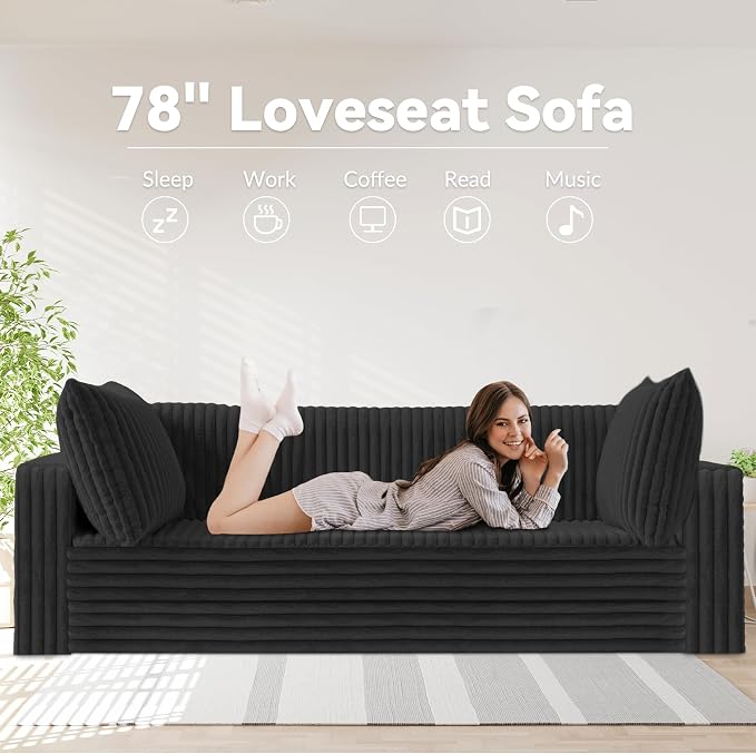 HABUTWAY 78" Loveseat Boneless Couch, 4-in-1 Convertible Sofa Bed, Plush Fur Folding Futon Sofa Bed Couches with 2 Pillows for Living Room, High-Density Foam Support, No Assembly Required, Black