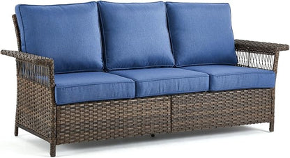 Patio Sofa 3-Seat Wicker Couch Brown PE Rattan Sofa with Deep Seating High Back Outdoor Sofa for Patio Garden Balcony Sunroom Backyard Deck Porch Poolside, Sofa(1PC), Brown|Blue