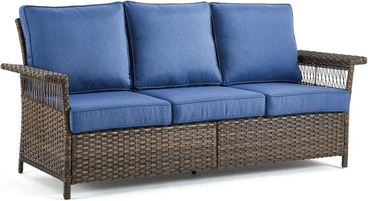 Patio Sofa 3-Seat Wicker Couch Brown PE Rattan Sofa with Deep Seating High Back Outdoor Sofa for Patio Garden Balcony Sunroom Backyard Deck Porch Poolside, Sofa(1PC), Brown|Blue