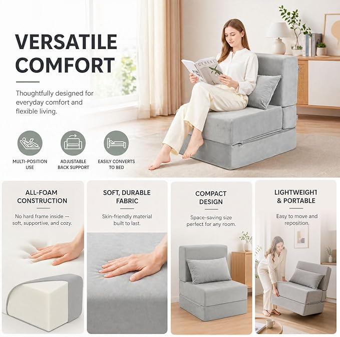 Folding Sofa Bed, Convertible Sleeper Chair with Pillow, Foldable Mattress & Back Support, Portable Floor Lounger Futon for Apartment, Dorm, Living Room, Bedroom (Gray)