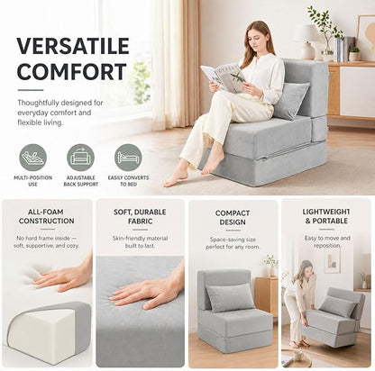 Folding Sofa Bed, Convertible Sleeper Chair with Pillow, Foldable Mattress & Back Support, Portable Floor Lounger Futon for Apartment, Dorm, Living Room, Bedroom (Gray)
