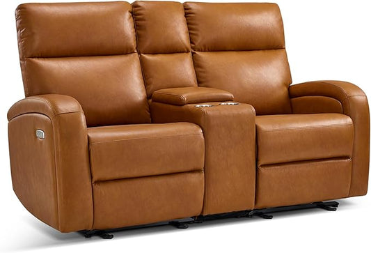 MCombo Zero Wall Recliner Loveseat, 2-Seat Power Wall Hugger Sofa with USB & Type-C Dual Ports, for Small Space, Living Room, RV PR646 (Cognac Brown, Loveseat with Console)