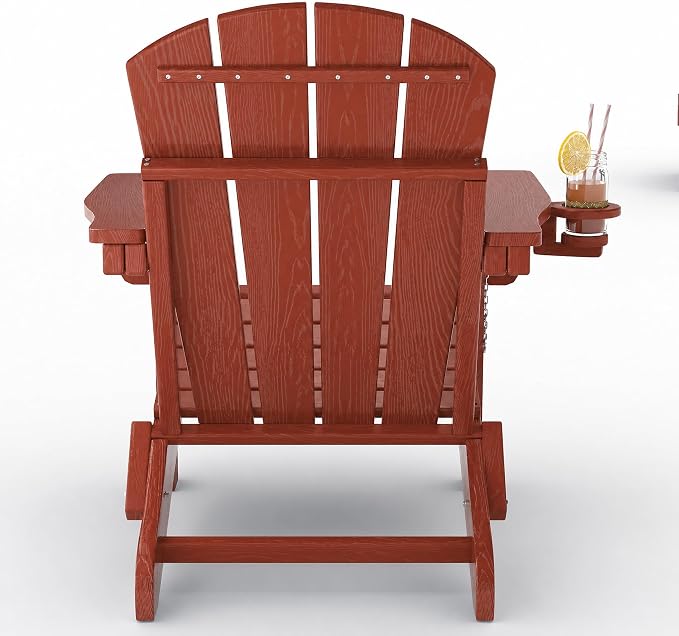 Garvee Folding Adirondack Chair Set of 2 with Side Table, HDPE Outdoor Patio Chair with Cup Holder, All Weather Resistent Wooden Textured for patios, Decks, Gardens, fire Pit, Red