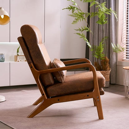 Karl home Accent Chair High Back Mid-Century Modern, Brown | Bronzing Cloth Upholstered, Walnut Color Solid Rubber Wood Frame, Soft Cushion with Pillow, For Living Room, Bedroom, Balcony