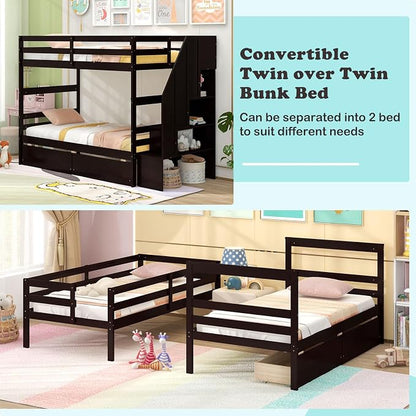 Giantex Bunk Bed Twin Over Twin with Storage Stairs & Drawers, Solid Wood Bunk Bed with Full-Length Guardrails, Convertible to 2 Beds, Versatile Bunk Beds for Kids Teens Adults, Espresso