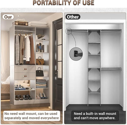 Armocity Freestanding Closet System, 40 Inches Stand-Alone Wardrobe with 10 Shelves, 80'' Height Adjustable Cloth Garment Rack with 2 Wood Drawers, Wood Walk-in Closet with Hanging Rod, Grey