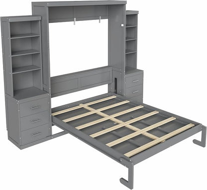 Murphy Bed Queen Size,Murphy Bed with Storage Shelves and Drawers,Wall Bedframe w/Wood Slatk,can be Folded,No Box Spring Needed,for Bedroom Apartment,Gray
