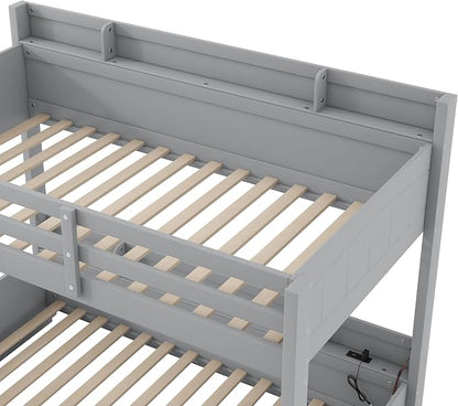 RUNNA Twin Over Full Bunk Bed with Storage Shelves,LED Grey/LED | Charging Station, a Drawer Solid Wood Bunk Bed for Kids, Teens, Adults