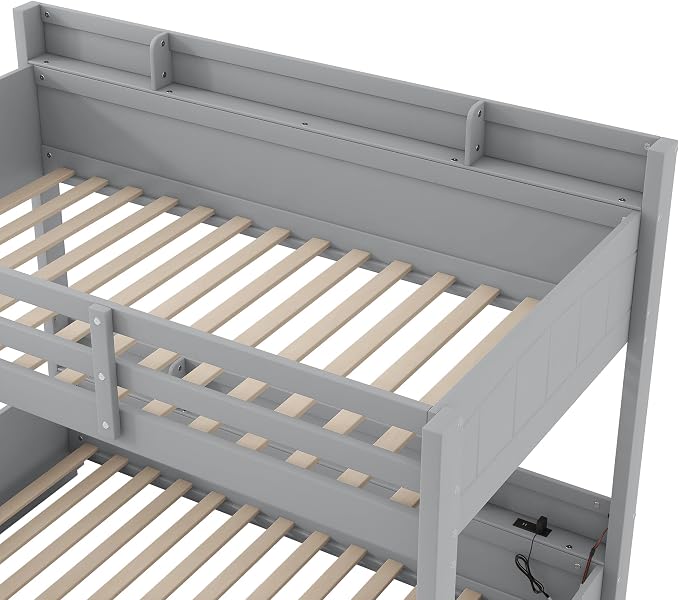 Wood Bunk Bed Twin Over Full Size with Built-in Storage Shelves and Charging Station, Versatile Bunk Bed Frame with Ladder and Guardrail for Kids Teens Adult, Maximize Space (Grey-5.6)