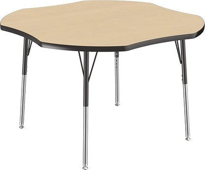 FDP Clover Activity School and Office Table (48 x 48 inch), Standard Legs with Swivel Glides for Collaborative Seating Environments, Adjustable Height 19-30 inches - Maple Top and Black Edge