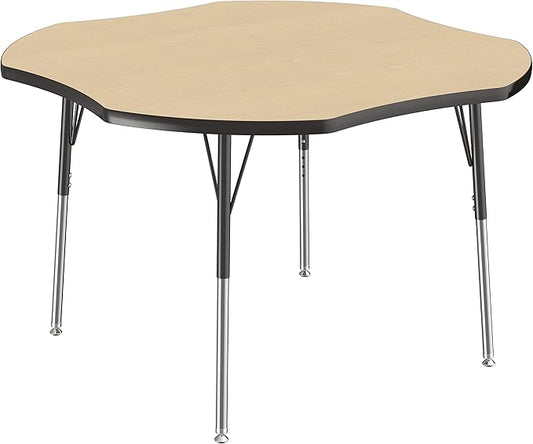FDP Clover Activity School and Office Table (48 x 48 inch), Standard Legs with Swivel Glides for Collaborative Seating Environments, Adjustable Height 19-30 inches - Maple Top and Black Edge