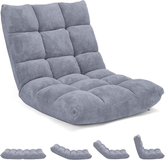 14-Position Floor Sofa, Folding Gaming Sofa Chair, Comfy Cushions & Study Steel Frame, Angle Adjustable Sleeper Bed, Couch Recliner (Grey)