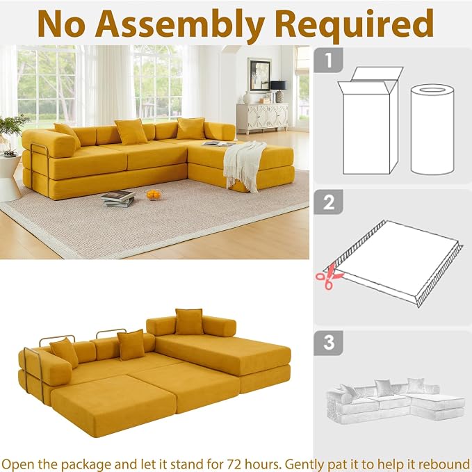 HANXIN 108" Modular Sectional Sofa,Futon Convertible Sofa Bed,Oversized Corduroy Boneless Couch for Living Room,Floor Loveseat Sleeper with Pull Out Bed,Free Combination,No Assembly Required (Yellow)