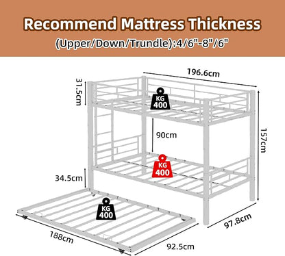 Bunk Bed with Trundle, Metal Twin Bunk Beds with Guardrail and Ladder for Kids/Teenagers/Adults, Space-Saving Bunk Bed Can be Split Into 3 Beds, No Box Spring Needed(White, with Trundle)