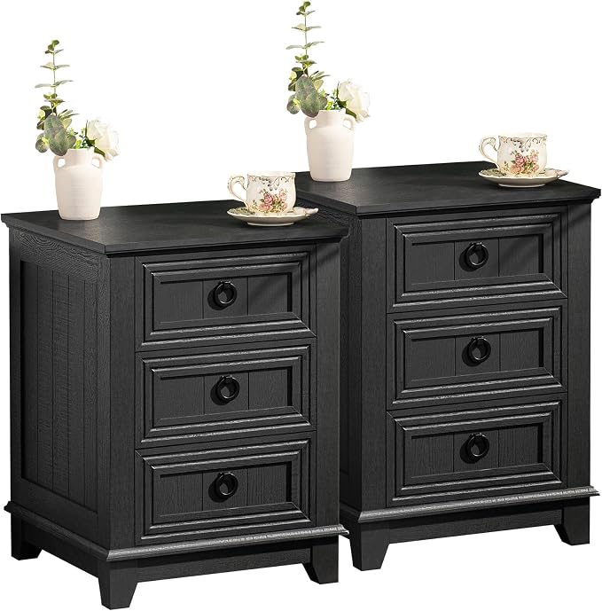 Joaxswe Farmhouse Night Stand Set of 2, 18" End Table with 3 Drawer Metal Handle, Dresser for Bedroom, Sofa Bed Side Table Chest of Drawers,Wood Nightstand Cabinet for Organizer, Living Room-Black
