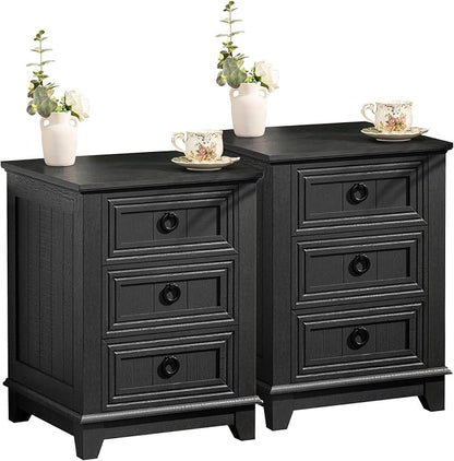 Joaxswe Farmhouse Night Stand Set of 2, 18" End Table with 3 Drawer Metal Handle, Dresser for Bedroom, Sofa Bed Side Table Chest of Drawers,Wood Nightstand Cabinet for Organizer, Living Room-Black