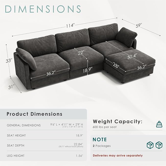 114" Cloud Couch Sectional Couches for Living Room Dark Grey | 10" High-Resilience Cloud Cushion, 36" Movable Ottoman, Plus-Size Friendly Couch, 28" Extra Deep Seat Sofa