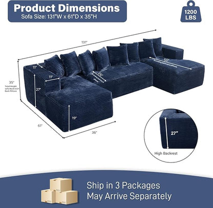 131" Oversized U Shaped Cloud Sectional Couches for Living Room, Comfy Fluffy Corduroy Blue Boneless Sectionals Couch, Plush Memory Foam Modular Sectional Sofa with Chaise- 19" Seat Height