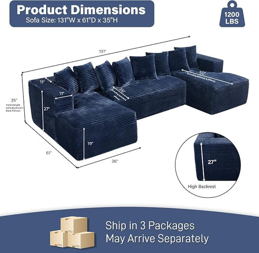 131" Oversized U Shaped Cloud Sectional Couches for Living Room, Comfy Fluffy Corduroy Blue Boneless Sectionals Couch, Plush Memory Foam Modular Sectional Sofa with Chaise- 19" Seat Height