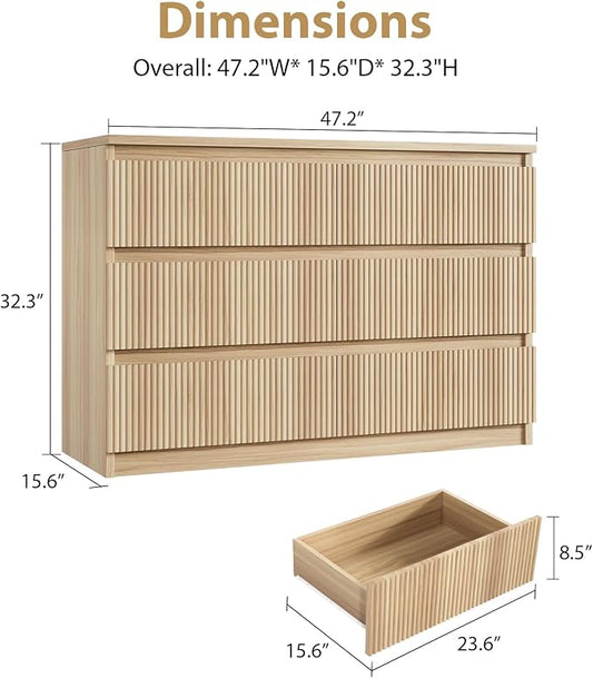 Jocoevol 6 Drawer Fluted Dresser, Modern Chest of Drawers for Bedroom with Hidden Handles, Wood Storage Organizer Cabinet for Living Room & Entryway, Natural Oak (15.7" D x 47.3" W x 31.6" H)
