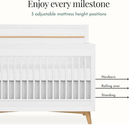 Evolur Loft Antilia Mid-Century 4-in-1 Convertible Crib in White & Natural, GREENGUARD Gold Certified, Converts to Toddler Bed, Daybed & Full Bed, Fits Standard Crib Mattress, Adjustable Mattress Base