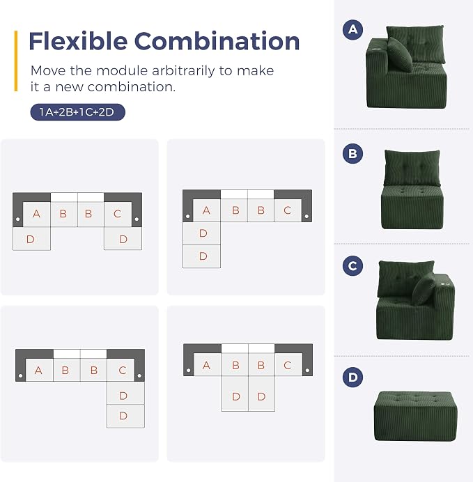 MAXYOYO 129.5" Modular Sectional Sofa Couch, U Shaped Modern Cloud Couch, Sofa in A Box, Tufted 6-Seat Boneless Lounger for Living Room, No Assembly Required, Dark Green