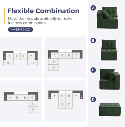 MAXYOYO 129.5" Modular Sectional Sofa Couch, U Shaped Modern Cloud Couch, Sofa in A Box, Tufted 6-Seat Boneless Lounger for Living Room, No Assembly Required, Dark Green