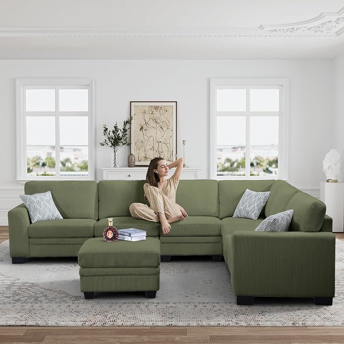 Legend Vansen Oversized Modular Sectional Sofa,U/L-Shaped Corduroy Couch with Ottoman,Deep Seat & Removable Cushion,Easy Assembly for Living Room Apartment,7 Seater,Olive