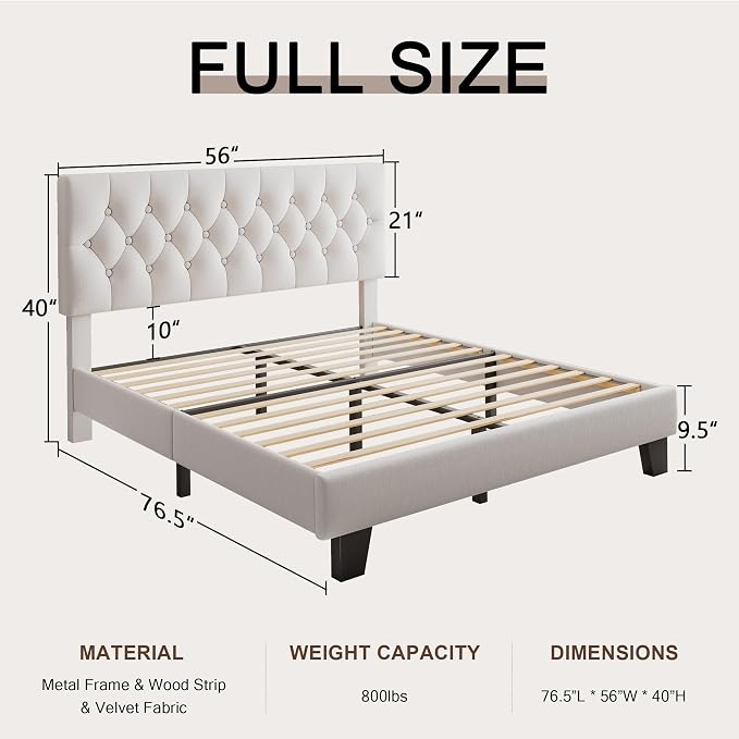 Einhomn Full Upholstered Bed Frame with Headboard, Button Tufted Linen Bed Base, Platform Bed with Wood Slat, Heavy Duty, Easy Assembly, No Box Spring Needed, White