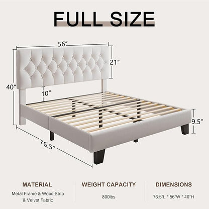 Einhomn Full Upholstered Bed Frame with Headboard, Button Tufted Linen Bed Base, Platform Bed with Wood Slat, Heavy Duty, Easy Assembly, No Box Spring Needed, White