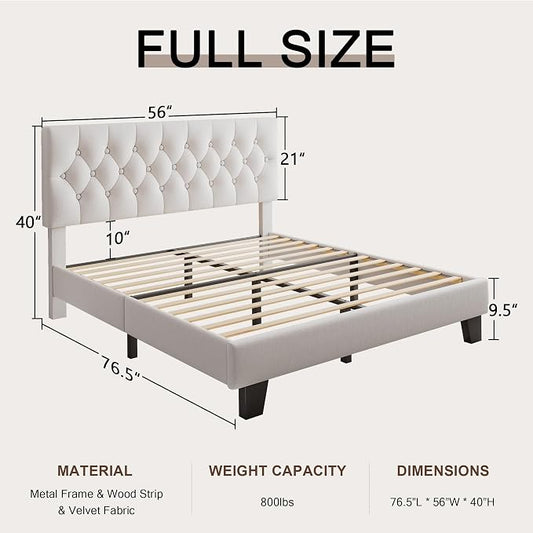 Einhomn Full Upholstered Bed Frame with Headboard, Button Tufted Linen Bed Base, Platform Bed with Wood Slat, Heavy Duty, Easy Assembly, No Box Spring Needed, White
