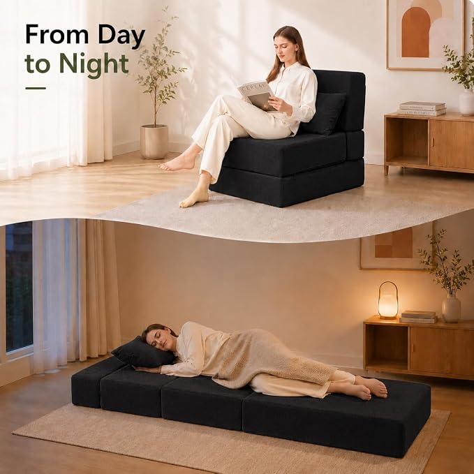 Folding Sofa Bed, Convertible Sleeper Chair with Pillow, Foldable Mattress & Back Support, Portable Floor Lounger Futon for Apartment, Dorm, Living Room, Bedroom, Grey (Black)